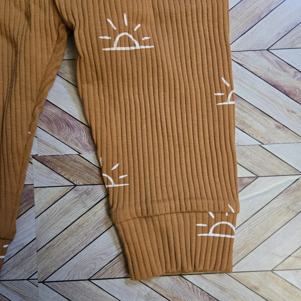 Baby Boy Girl Sun Print Ribbed Long Sleeve Onesie Pants Beanie Lounge Set 12-18M